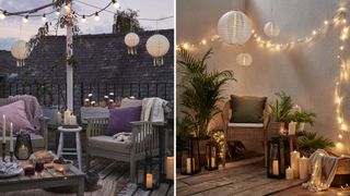 outdoor living room ideas with flamelss outdoor candles and fairy lights