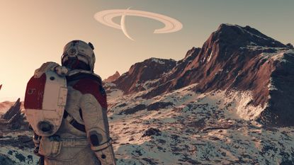 A player looks out at a ringed planet in Starfield on PS5