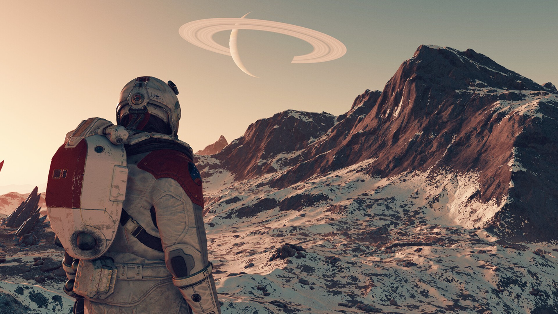 A player looks out at a ringed planet in Starfield on PS5