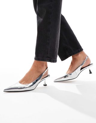 Asos Design Stroll Slingback Kitten Heel Shoes in Silver