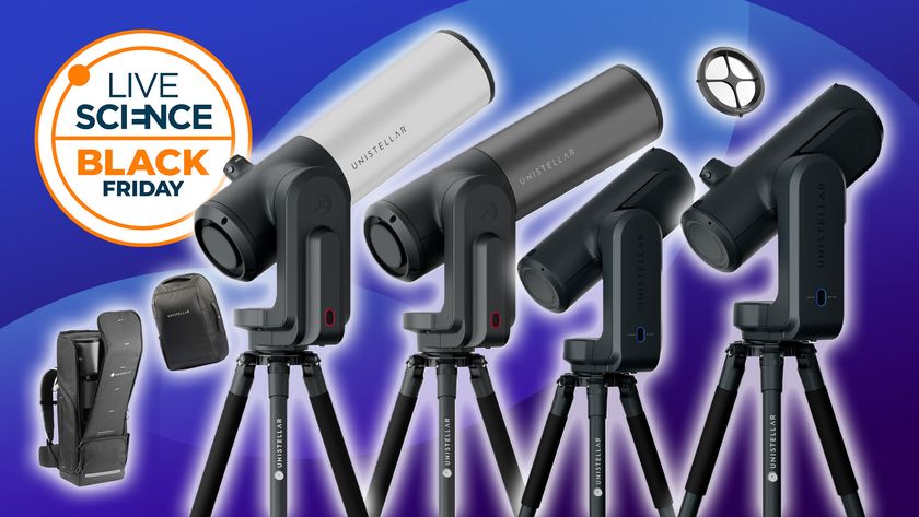 Unistellar telescopes and accessories on a blue background