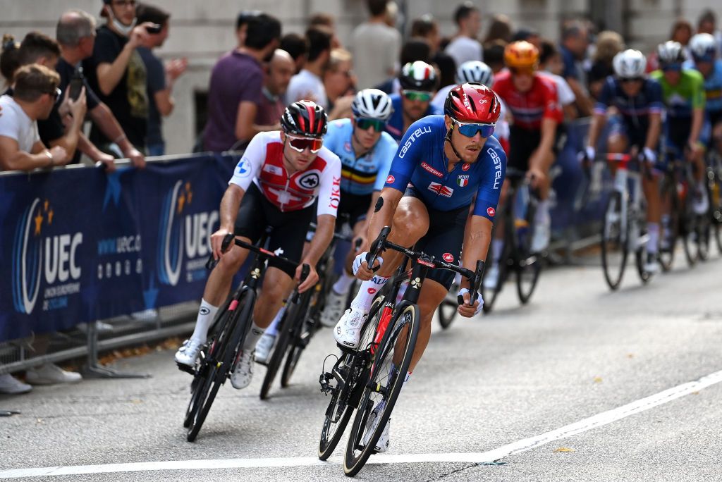 TRENTO ITALY SEPTEMBER 12 Matteo Trentin of Italy leads the breakaway during the 27th UEC Road Cycling European Championships 2021 Elite Mens Road Race a 1792km race from TrentoPiazza Duomo to TrentoPiazza Duomo UECcycling on September 12 2021 in Trento Italy Photo by Justin SetterfieldGetty Images