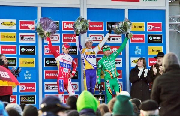 Tom Meeusen (Telenet-Fidea) on the top step of the podium after his victory in Superprestige Hoogstraten.
