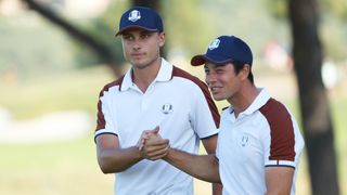 Ludvig Aberg and Viktor Hovland during the Saturday foursome in the Ryder Cup at Marco Simone