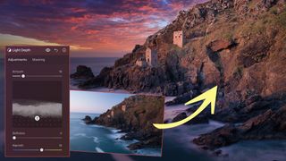 Screenshot from Luminar Neo showing the Light Depth tool, inset against before-and-after photos of a seascape of some cliffs