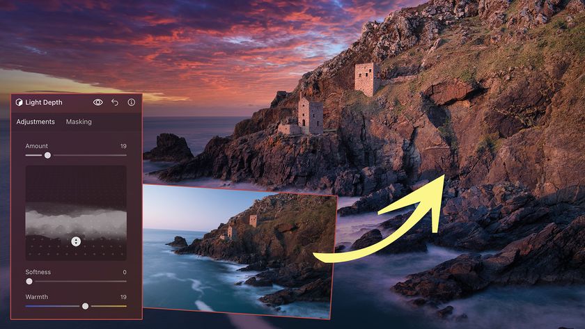 Screenshot from Luminar Neo showing the Light Depth tool, inset against before-and-after photos of a seascape of some cliffs 