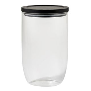 Glass container with black lid