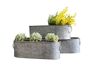 Dipamkar Set of 3 Vintage Long Oval Galvanized Metal Garden Trough Planters Windowsill Box Herb Pots Outdoor Plant Pots