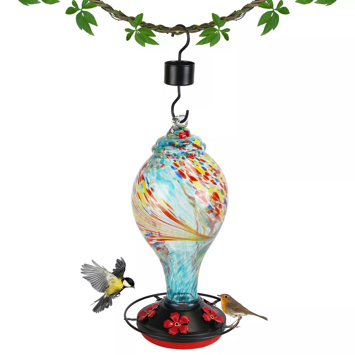 Lakeforest "33oz Hand-Blown Glass Hummingbird Feeder With 5 Feeding Ports, Ant Moat, Hanging Hook U0026 Rope"blue