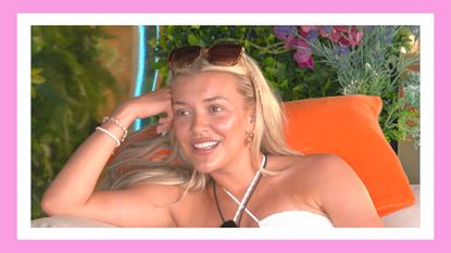 Molly Marsh wearing a pair of brown sunglasses on her head in Love Island 2023/ in a pink template
