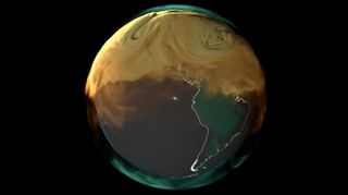 Earth, with South America and the Pacific Ocean. The northern hemisphere is covered in swirls of a dusty sand color, with darker wisps reaching down into the southern half of the globe.