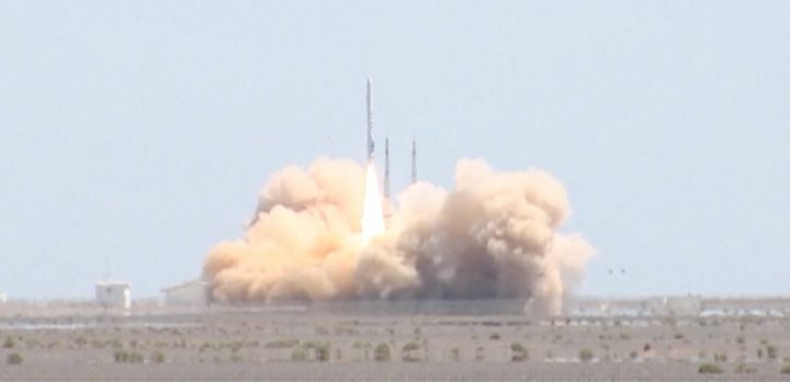 This still from a CCTV video shows scenes from the first successful launch of Hyperbola-1, a privately built orbital rocket built by the Chinese company iSpace. It lifted off from the Jiuquan Satellite Launch Center on July 25, 2019.