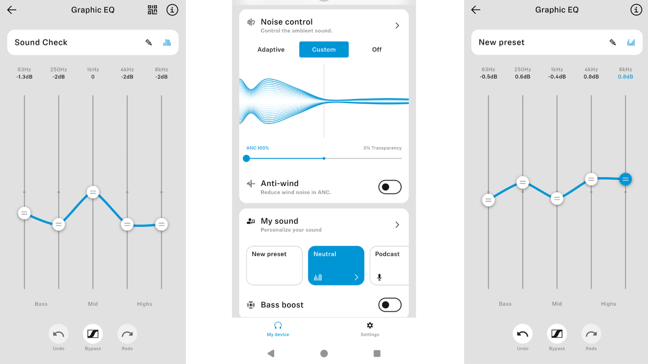 Screenshots of Sennheiser sound control app showing EQ and ANC controls