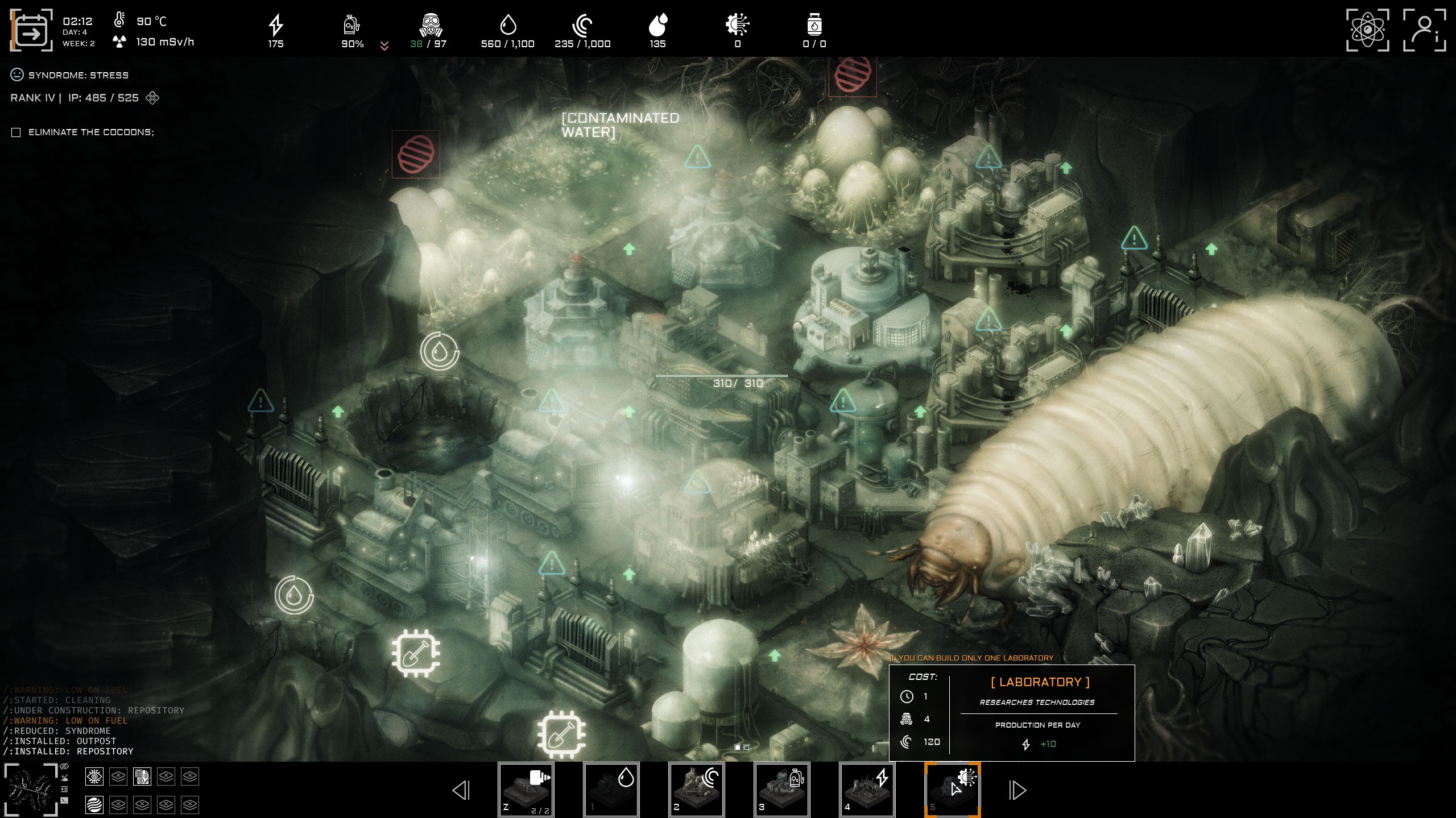 A screenshot of strategy game Anoxia Station, with a dark palette and Giger-esque art.