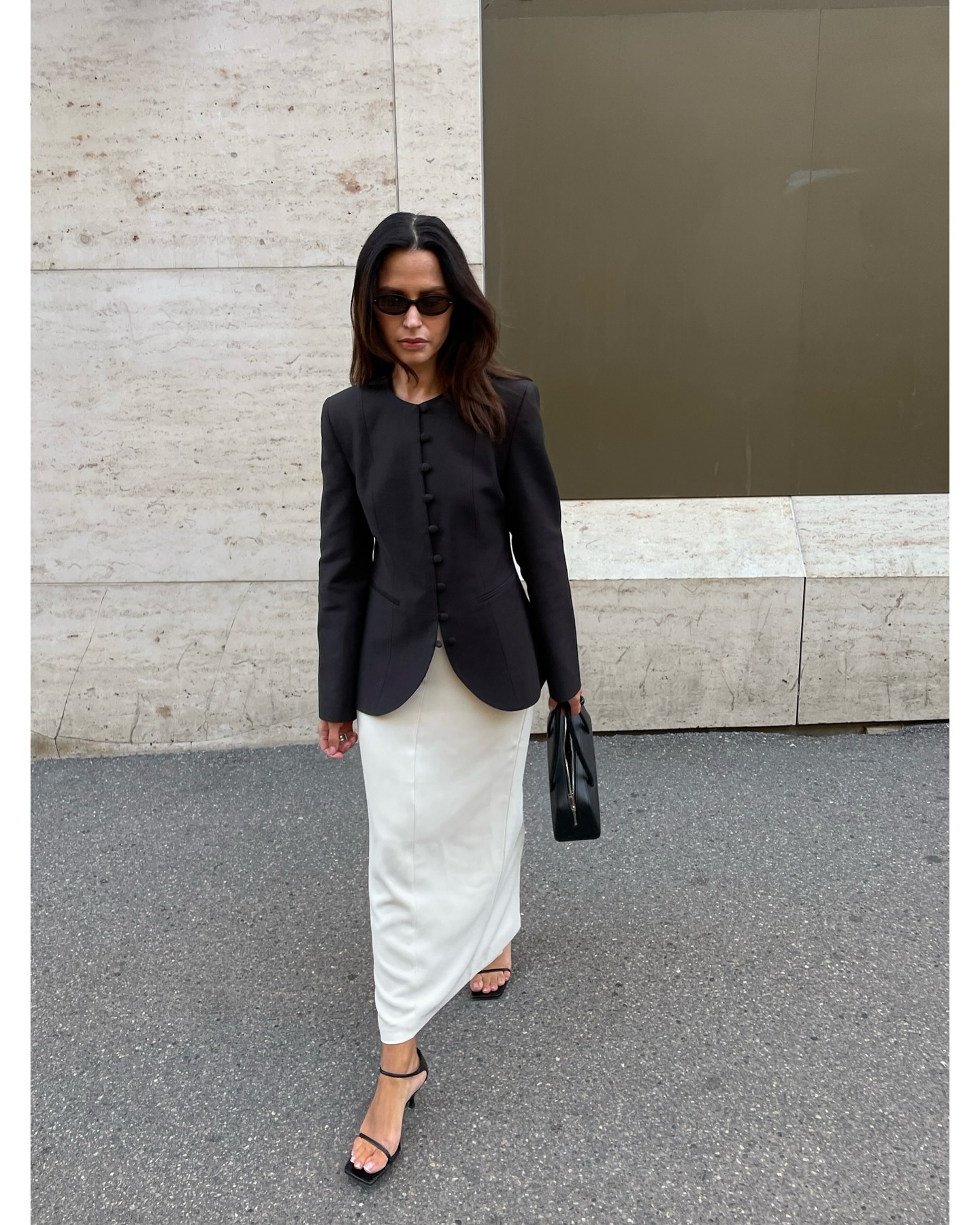 Johanna Piispa Collarless Blazer + Column Skirt + Barely There Sandals