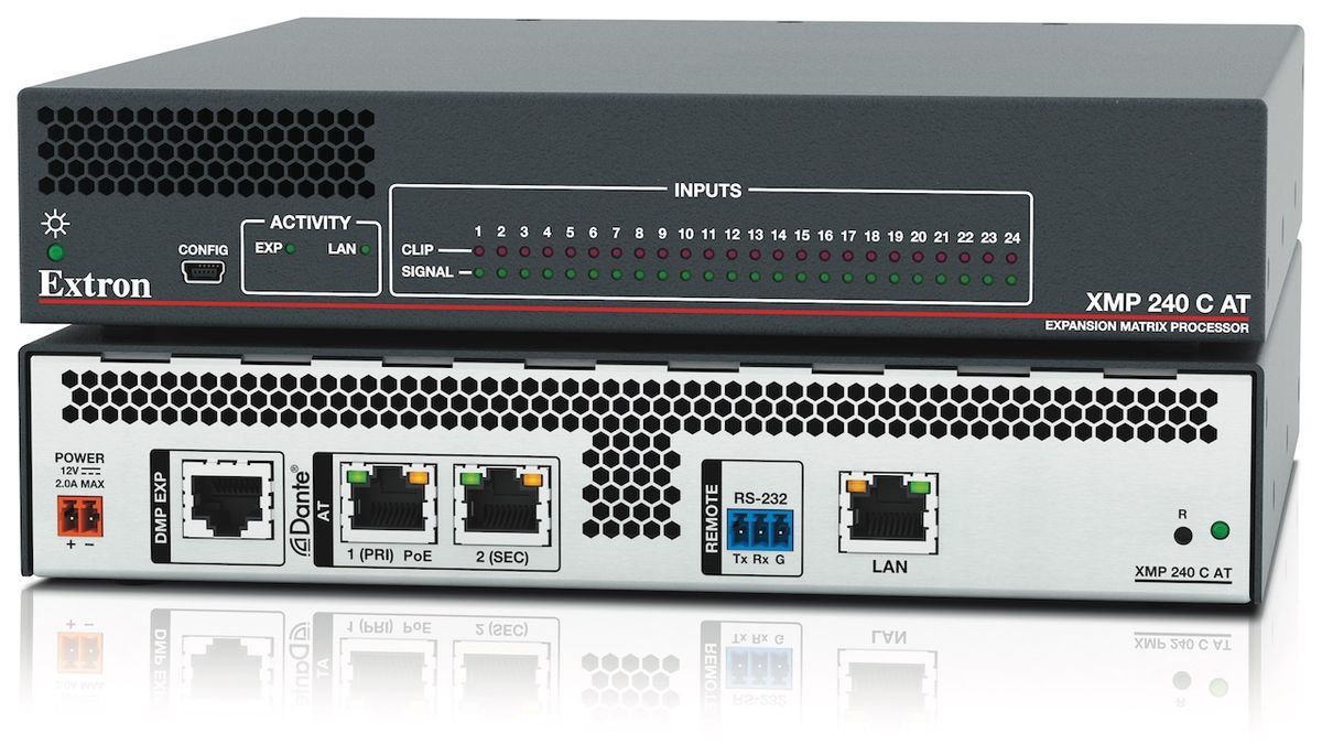 Extron has introduced the XMP 240 Expansion Matrix Processor, featuring a mix matrix with 24 channels of AEC and 48x48 Dante connectivity in a half-rack space chassis. 