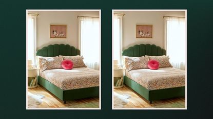 floral pink bedding on a green bed and a wooden floor from urban outfitters