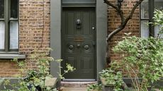 Image of a dark green front door on a light brick home. The window trims and trim around the door are all sage green. There are lots of plants and trees around the house.