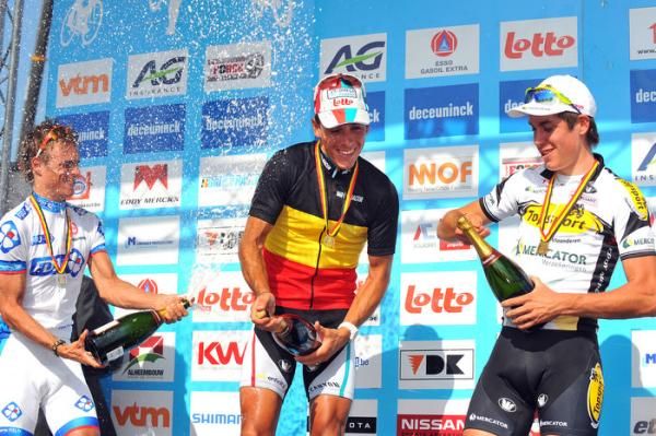 Philippe Gilbert (Omega Pharma-Lotto) lets loose with the champagne