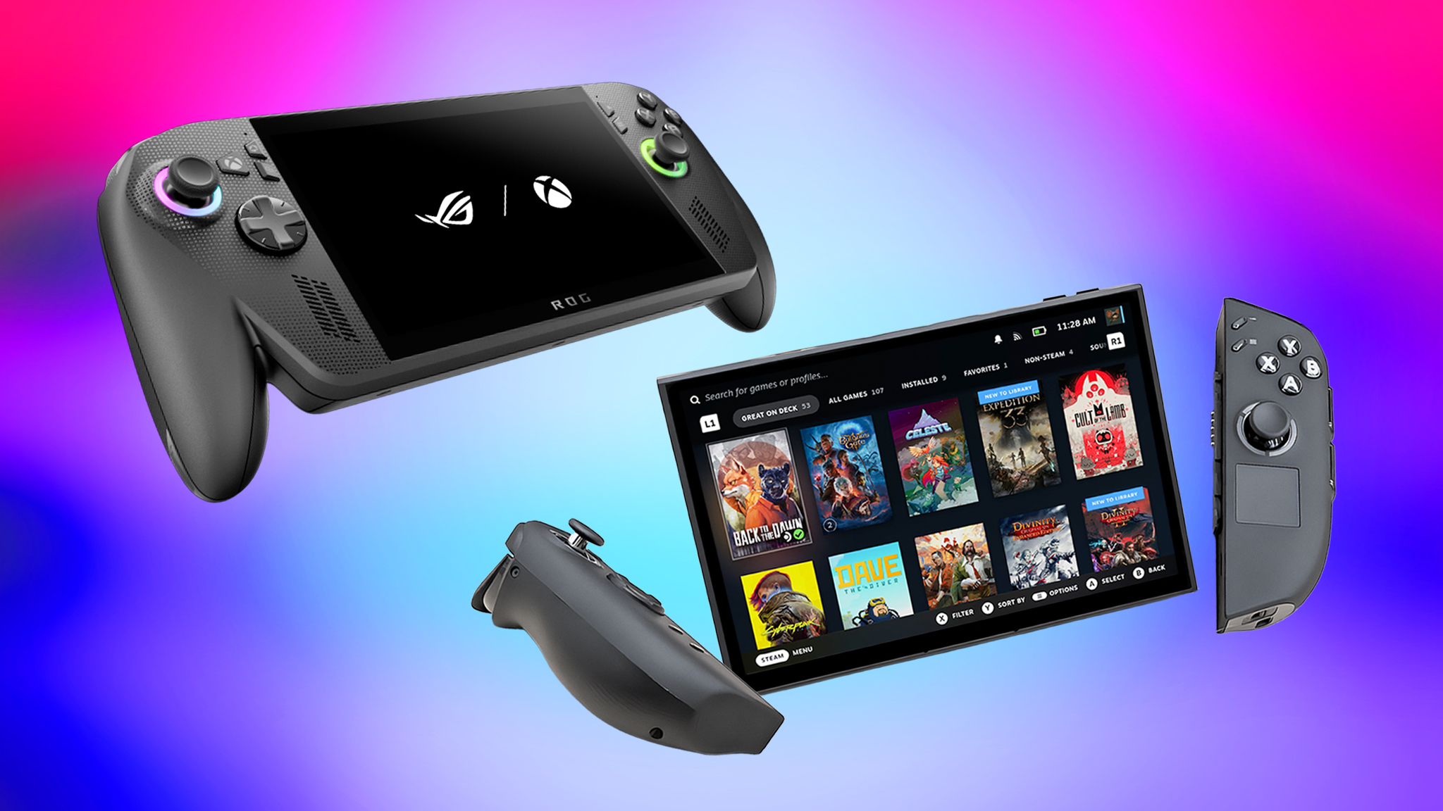 An Xbox Ally X floating in the air above a Legion Go 2 (SteamOS) with detached controllers.