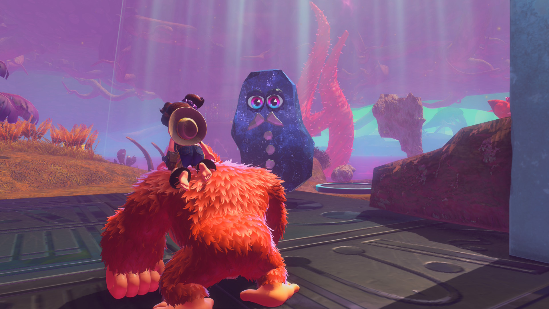 Donkey Kong and Pauline looking at a Fractone butler in Donkey Kong Bananza