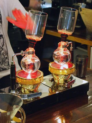 Coffee siphons at Prufrock Cafe, leather Lane, with glassware from Hario, Japan