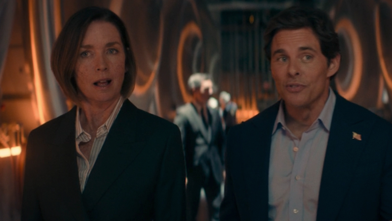 Julianne Nicholson on the left, talking to James Marsden in the bunker in Paradise