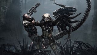 Predator (terrifying hunter alien) holding a xenomorph alien in one hand and a human soldier in the other, each by the neck.