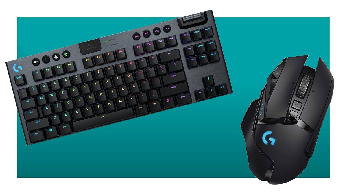 Logitech G915 TKL gaming keyboard and G502 Lightspeed wireless gaming mouse on a blue background