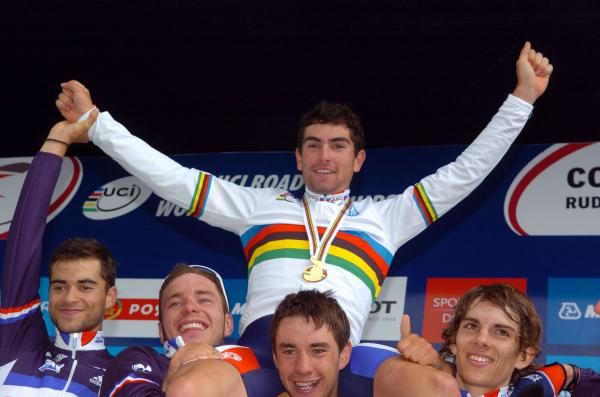 Pierre-Henri Lecuisinier celebrates with his teammates