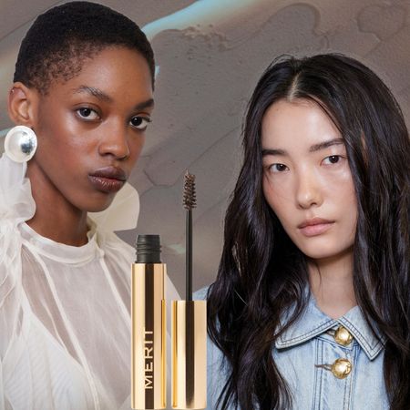 brown makeup background with cut out of woman in a white shirt and peal earrings and woman in a blue shirt with black hair with strong brows next to brow gel product