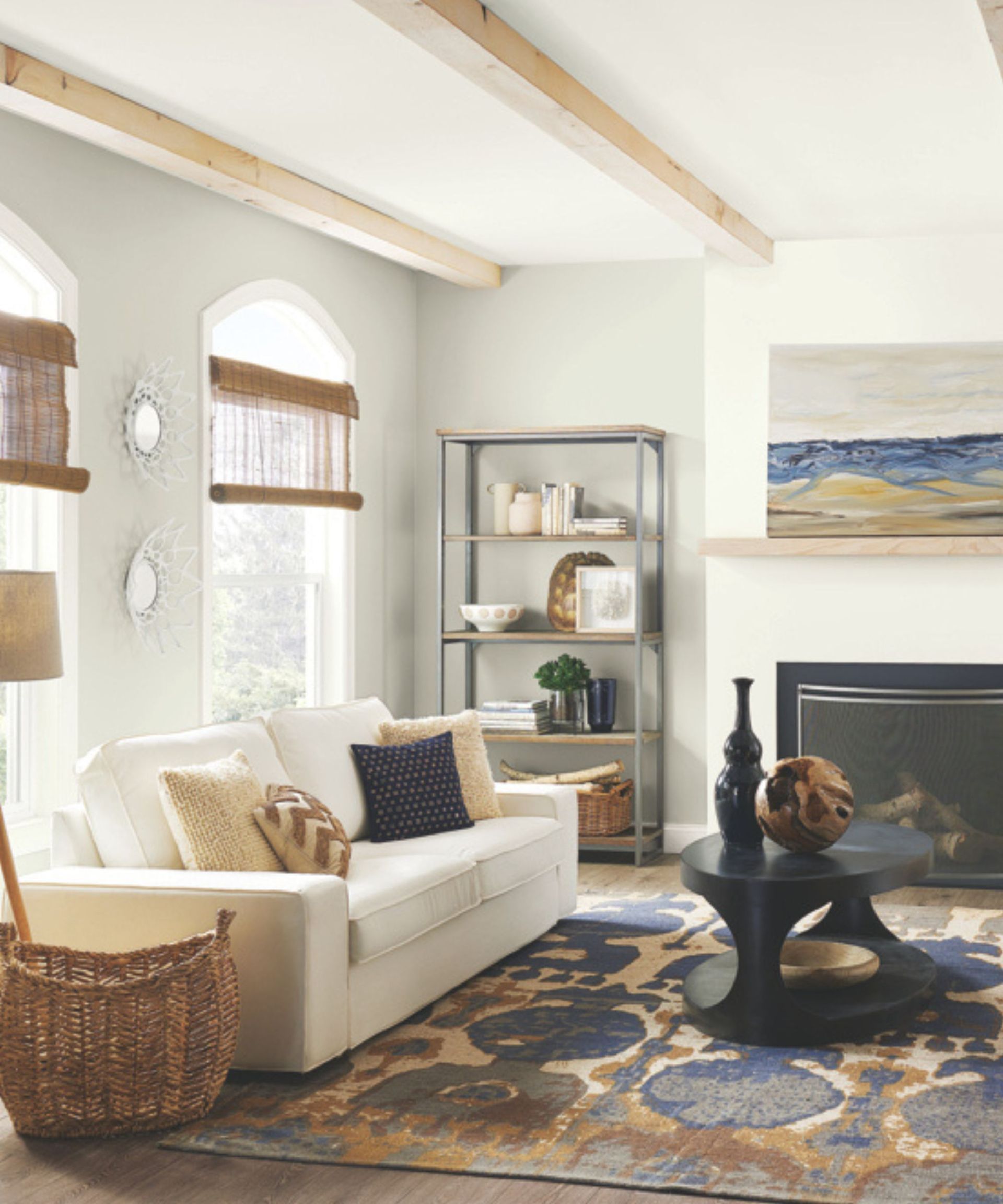 A modern, neutral sitting room with walls in Repose Gray by Sherwin Williams