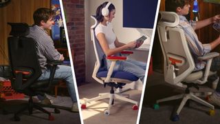 Three Sega-themed Branch office chairs in a three-way splitscreen