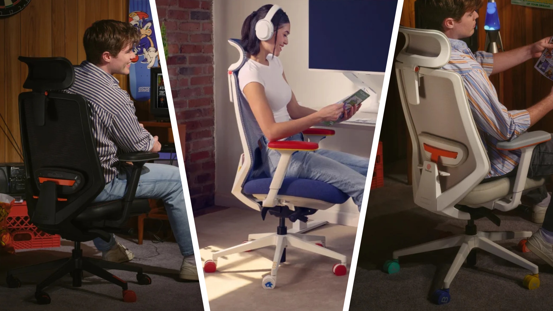 Three Sega-themed Branch office chairs in a three-way splitscreen
