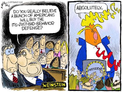 Political cartoon U.S. Harvey Weinstein trial bad behavior Trump