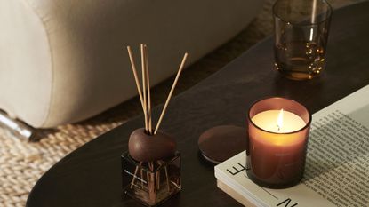 H&M Home furniture and lamps US launch campaign image with brown coffee table, candle and reed diffuser