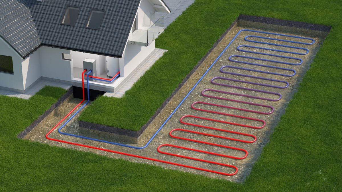 illustration of ground source heat pump pipes in ground next to modern white house