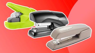 A product shot of the various best staplers on a red background with a white outline around each