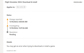 Microsoft Flight Simulator 2024 Xbox Status support page error message