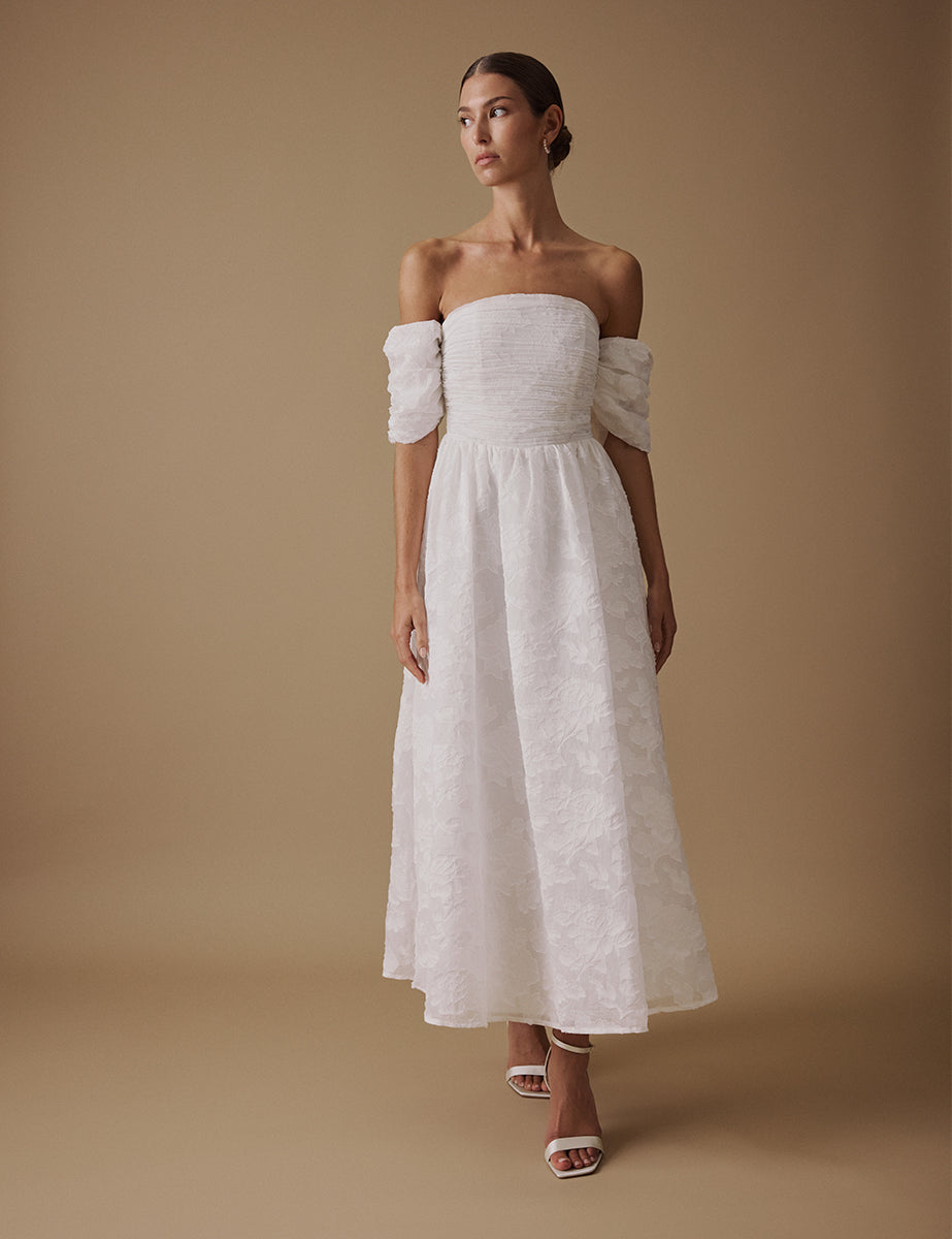 White Off the Shoulder Midi Verna Bridal Dress