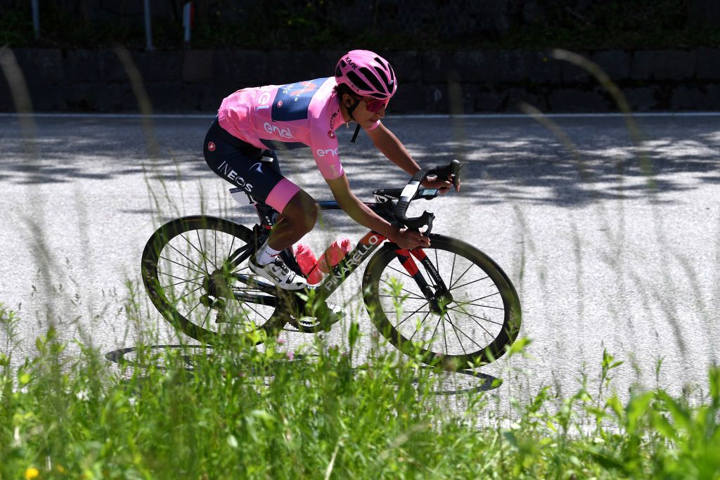 SEGA DI ALA ITALY MAY 26 Egan Arley Bernal Gomez of Colombia and Team INEOS Grenadiers Pink Leader Jersey during the 104th Giro dItalia 2021 Stage 17 a 193km stage from Canazei to Sega di Ala 1246m UCIworldtour girodiitalia Giro on May 26 2021 in Sega di Ala Italy Photo by Tim de WaeleGetty Images