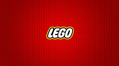 LEGO logo on a background made of red LEGO bricks