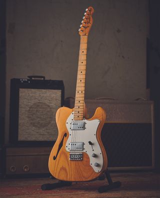 A photo of a blond Fender Telecaster Thinline from the 1970s boasting Seth Lover's Wide Range Humbucker pickup