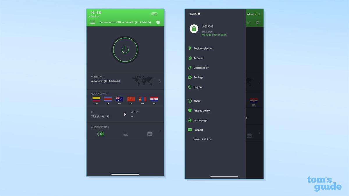 Two screenshots showing PIA connected on iOS and its app menu. On the right is PIA connected on iOS. There is a green banner at the top of the screen showing the VPN is connected. There is a green on/off button below, as well as tabs for the VPN server, quick connect servers, the VPN IP address and quick settings. On the left is PIA's menu on its iOS app, including options for region selection, account, dedicated IP, settings, log out, about, privacy policy, home page and support.