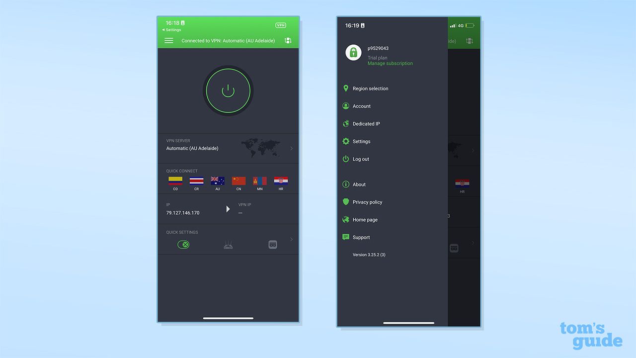 Two screenshots showing PIA connected on iOS and its app menu. On the right is PIA connected on iOS. There is a green banner at the top of the screen showing the VPN is connected. There is a green on/off button below, as well as tabs for the VPN server, quick connect servers, the VPN IP address and quick settings. On the left is PIA's menu on its iOS app, including options for region selection, account, dedicated IP, settings, log out, about, privacy policy, home page and support.