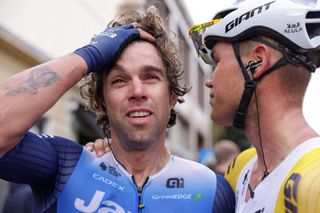 SANREMO ITALY MARCH 16 Lucas Plapp of Australia and Michael Matthews of Australia and Team Jayco AlUla cheer at the end of the 115th MilanoSanremo 2024 a 288km one day race from Pavia to Sanremo on March 16 2024 in Sanremo Italy Photo by Sara CavalliniGetty Images