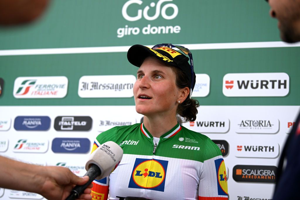 BORGO VAL DI TORO ITALY JULY 03 Elisa Longo Borghini of Italy and Team Lidl Trek attends to the media press at podium during the 34th Giro dItalia Donne 2023 Stage 4 a 134km stage from Fidenza to Borgo Val di Toro UCIWWT on July 03 2023 in Borgo Val di Toro Italy Photo by Dario BelingheriGetty Images