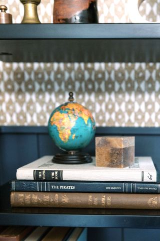 Image of a bookshelf with vintage books and a globe