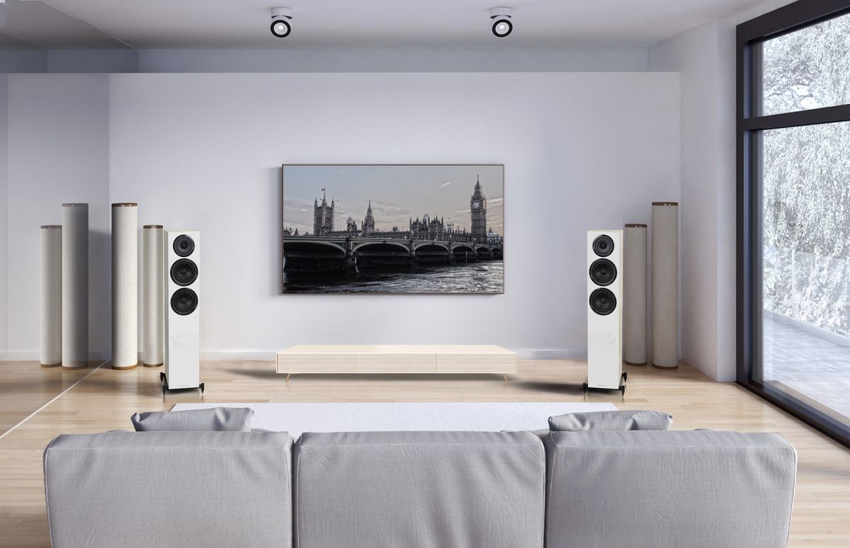 White Wharfedale Diamond 12.3 flanking a television
