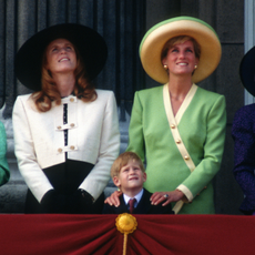 Princess Margaret, Countess of Snowdon, Sarah, Duchess of York, Prince Harry, Diana, Princess of Wales, wearing a green dress with yellow trim and matching hat, and the Duchess of Kent stand on the balcony of Buckingham Palace to watch The Battle of Britain Anniversary Parade on September 15, 1990 in London, England